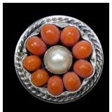 Sterling silver pearl and coral flower design ring