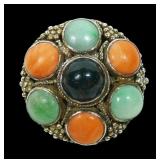 Sterling silver bezel set jade, coral and