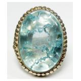 Sterling silver large blue crackled glass ring,