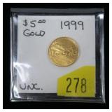 1999 $5 Gold Eagle, 1/10 oz.., UNC.
