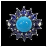 Sterling silver prong set round turquoise ring