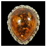 Sterling silver pear shape amber ring, size 8