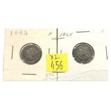x2- 1865 3-cent nickels-x2 nickels -Sold by the