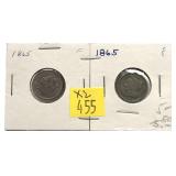 x2- 1865 3-cent nickels-x2 nickels -Sold by the