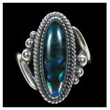 Sterling silver dentil set blue paua ring, new,