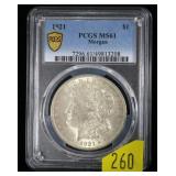 1921 Morgan dollar, PCGS slab certified MS-61