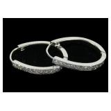 14K White gold diamond oval hinged hoop earrings,