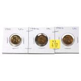 x3- 1940 P.D.S. Lincoln cents, Unc. -x3 cents