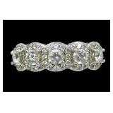 Sterling silver five-stone CZ ring with halos,