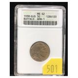 1938-D/D Buffalo nickel, ANACS slab certified MS62