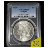 1921 Morgan dollar, PCGS slab certified MS64