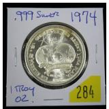 1974 one Troy ounce .999 silver round