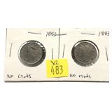 x2- 1883 Liberty nickels, -x2 nickels, Sold by
