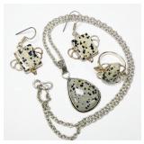 Sterling silver Dalmation jasper set: ring,