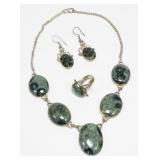 Sterling silver Kambaba jasper set: ring, size 9,