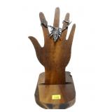 Wooden hand ring display with scorpion 3-finger