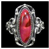 Sterling silver dentil set pink paua ring, size 8,