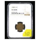 1908-S Indian Head cent, NGC slab certified
