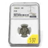 1942/41 Mercury dime, NGC slab certified Fine 15