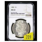 1882 Morgan dollar, NGC slab certified MS-64
