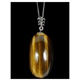 Large tiger eye pendant with 18" sterling silver