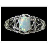 Sterling silver lab fire opal ring in filigree