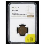 1914-D Lincoln cent, NGC slab certified VG 8 BN