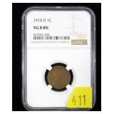 1914-D Lincoln cent, NGC slab certified VG 8 BN