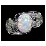 Sterling silver lab fire opal ring in filigree