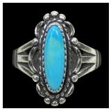 Sterling silver dentil set turquoise ring, size 8,