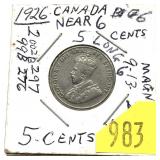 1926 Canadian 5-cent, near six