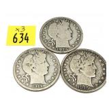 x3- Barber half dollars, mixed dates, -x3 half