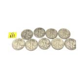 x9- Walking Liberty half dollars, mixed dates,
