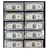 x10- $2 red seal notes series of 1953 -x10 notes -