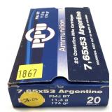 Box of 7.65 x 53mm Argentine 174-grain FMJ BT PPU