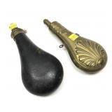 Lot: Brass and Leather Powder Flask