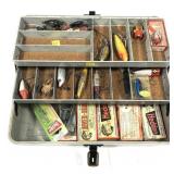 Tackle box with contents includes vintage Heddon