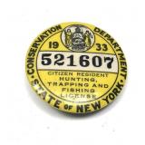 1933 NYS Hunting, Trapping and Fishing license