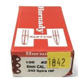 Box of 6mm 75-grain .243 Spire HP Hornady bullets,