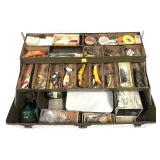 Early Heddon tackle box with contents