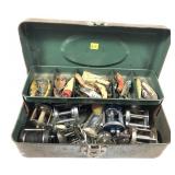 Vintage metal tackle box with contents includes