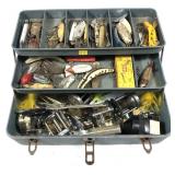 Vintage metal tackle box with contents includes