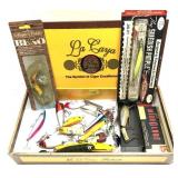 Lot, assorted lures in cigar box includes