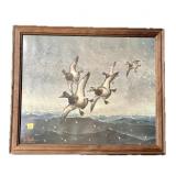 Framed Flying Duck Print, signed, frame size
