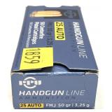 Box of .25 Auto 50-grain FMJ PPU cartridges,