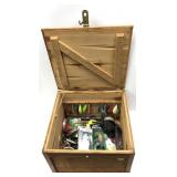 Lot, wooden lift top box with assorted new lures,