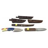 Lot, 3 custom stainless knives in leather