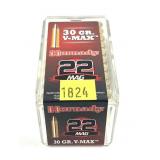 Box of .22 Mag. 30-grain V-Max Hornady cartridges,
