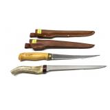 Lot, 2 filet knives in leather sheaths