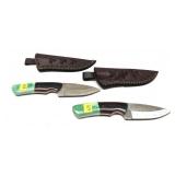 Lot, 2 custom stainless knives in leather